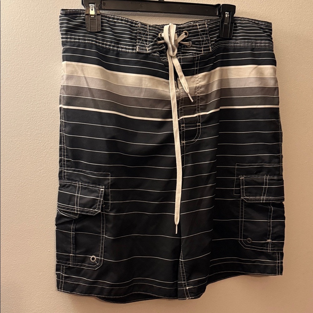 Men's Black and Gray Striped Swim Trunks